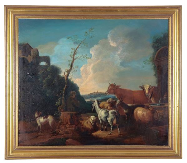 Jan Frans Soolmaker - Allievo di. "Paesaggio con armenti, animali e fontana", dipinto ad olio su tela