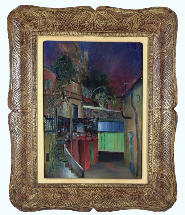Giovanni Omiccioli - Signed. "Houses with courtyard", oil painting on canvas