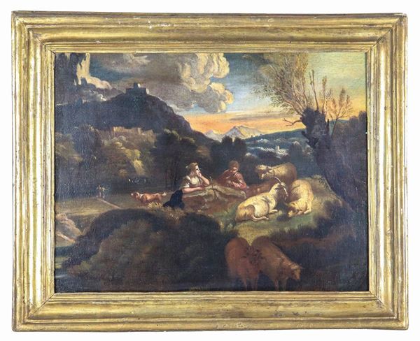 Scuola Napoletana Fine XVII Secolo - "Landscape with shepherds and flock", oil painting on canvas
