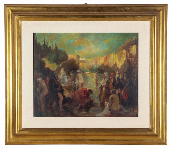 Pittore Europeo Fine XIX Secolo - Signed, "Women's bath at the river", oil painting on canvas