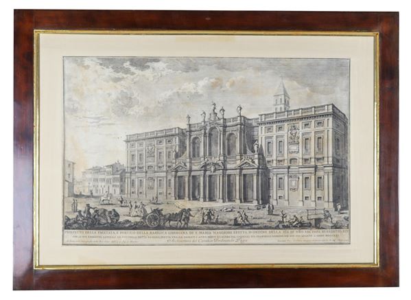 "Elevation of the facade and portico of the Liberian Basilica of Santa Maria Maggiore erected by order of Pope Benedict XIV", ancient engraving by Giuseppe Vasi, designer and engraver in the year 1742
