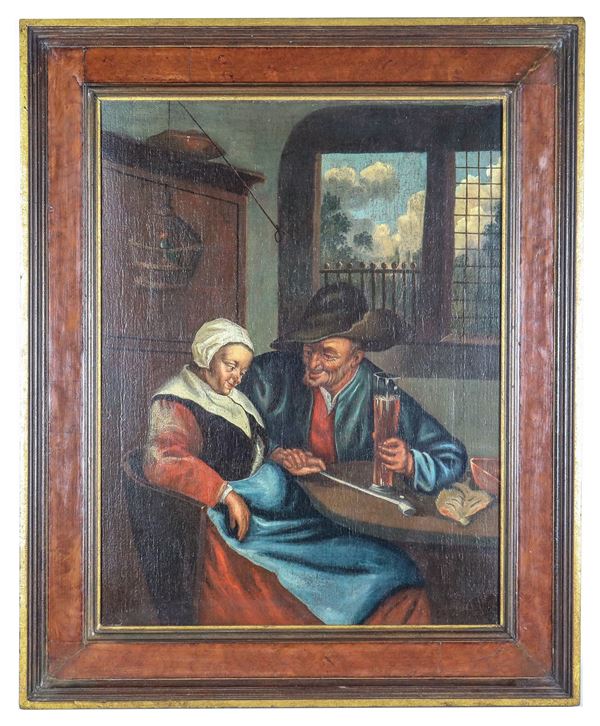 Scuola Fiamminga XIX Secolo - "Interno con contadini", dipinto ad olio su tela