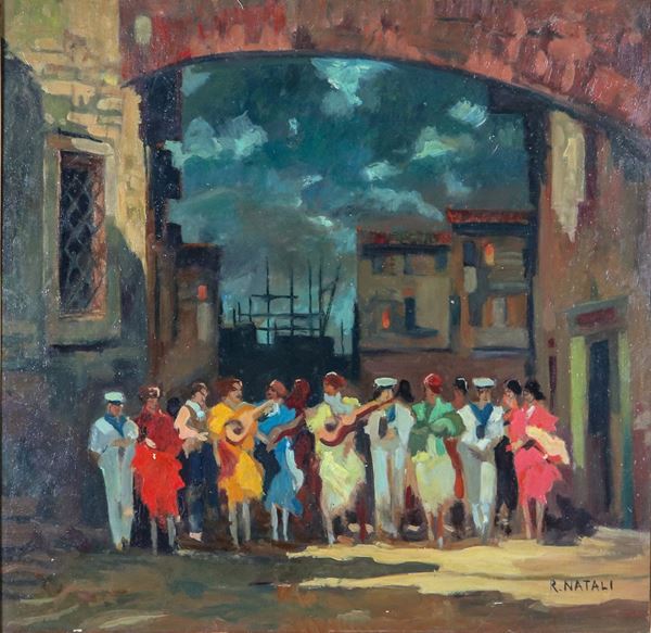 Renato Natali - Signed. "Glimpse of Livorno with sailors and girls playing the guitar", oil painting on masonite