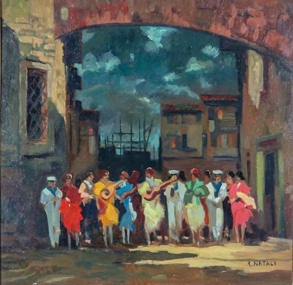 Renato Natali - Signed. "Glimpse of Livorno with sailors and girls playing the guitar", oil painting on masonite