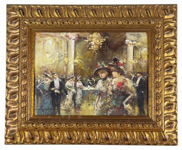 Pittore Italiano Inizio XX Secolo - Signed. "Cafè chantant", small oil painting on pressed cardboard