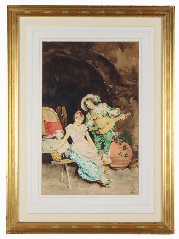 Girolamo Gianni - Signed. "Serenade in the inn", bright watercolor on paper
