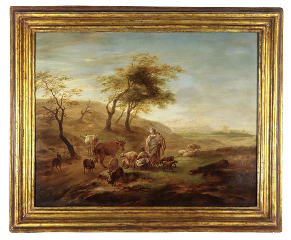 Willem Van de Velde il Giovane - Attribuito. "Paesaggio con scena pastorale", dipinto ad olio su tavola