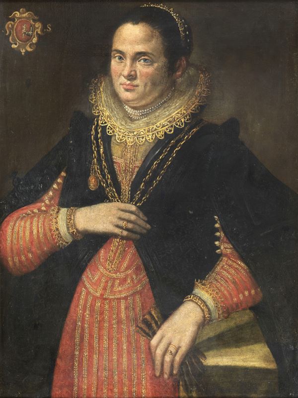 Scuola Italia del Nord XVII Secolo - "Ritratto di nobildonna con gioielli e stemma nobiliare", dipinto ad olio su tela