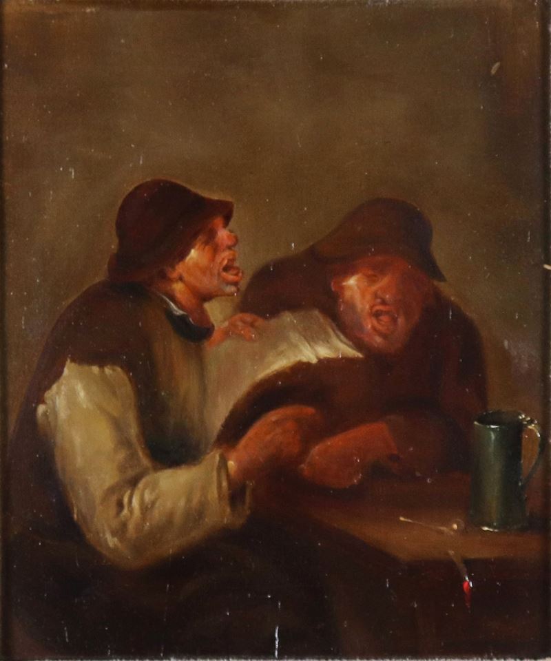 "Interno con bevitori", piccolo dipinto ad olio su tavoletta