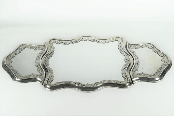 Centrotavola in argento e legno con fondi a specchio