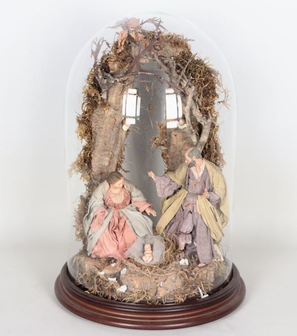 "Natività", pupazzi napoletani da presepe in terracotta e legno con campana in vetro soffiato e base tonda in noce