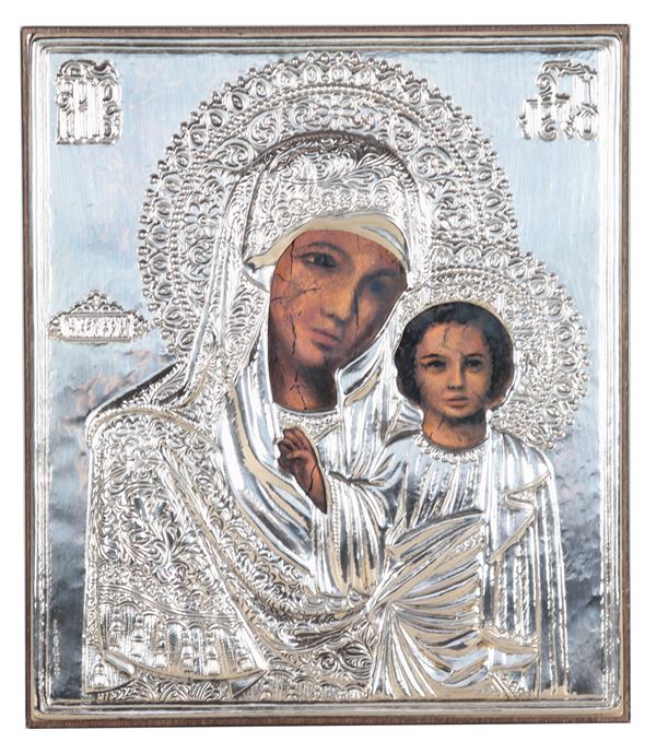 Icona "Madonna con Bambino" con rizza in argento Tiolo 925 cesellato e sbalzato