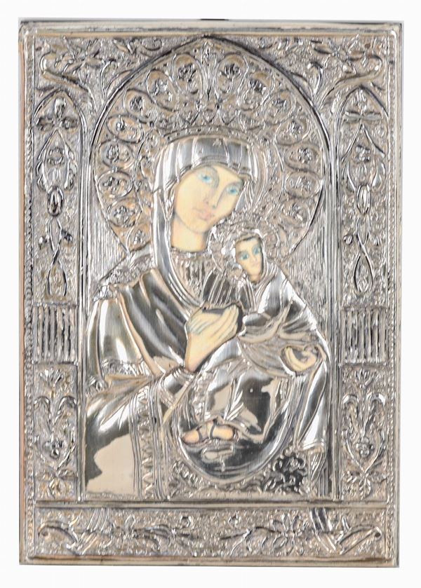 Small icon "Madonna with Child" with lancet in chiseled and embossed 925 silver