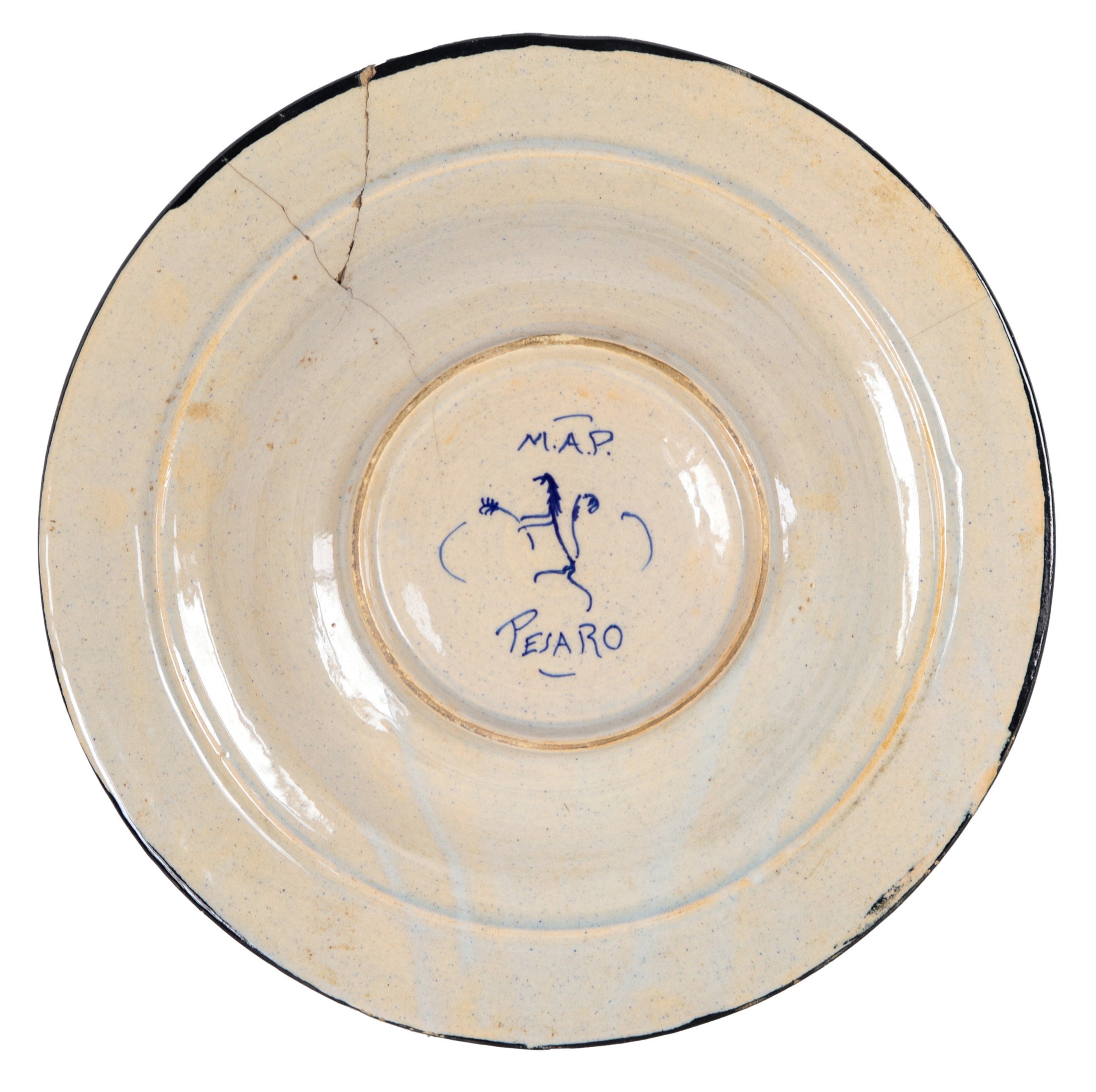 Piatto da muro in maiolica di Pesaro interamente decorato in blu, marrone e verde, al centro ritr...