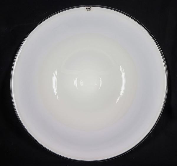 Lattimo Murano glass centerpiece with transparent edge, marked Veart Venezia under the base
