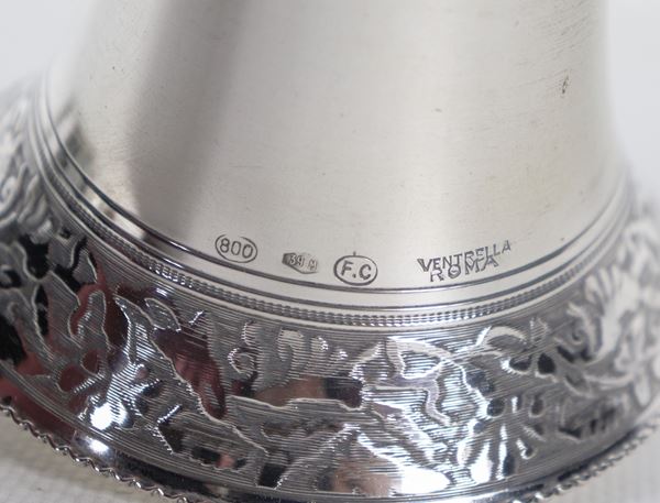 Campanello da tavolo in argento, con manico e bordo cesellati e