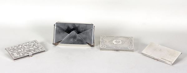 Lot of four chiseled and embossed silver card holders, different shapes and sizes, gr. 300