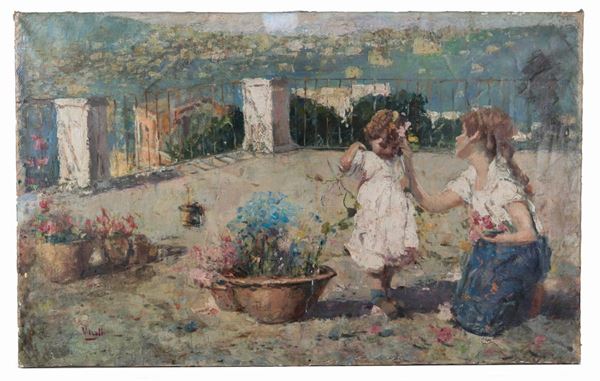 Pittore Napoletano Fine XIX Secolo - "Girls playing on the terrace", oil painting on canvas with slight defects. It bears the signature of Vincenzo Irolli