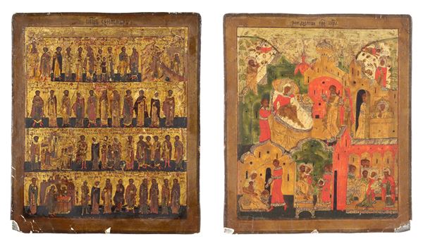 "Nativity of Mary" and "Menologium with the Saints and the Feasts of the Month", ancient small Russian metal procession icon painted on both sides. Central Russia Mid-19th Century, some slight defects
