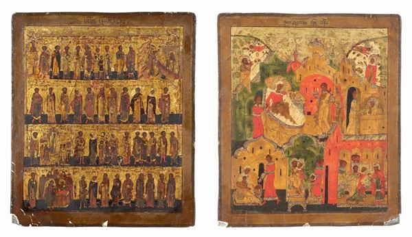"Nativity of Mary" and "Menologium with the Saints and the Feasts of the Month", ancient small Russian metal procession icon painted on both sides. Central Russia Mid-19th Century, some slight defects