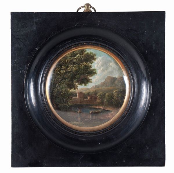Ancient small round miniature "Landscape with village, watercourse and shepherd with cow", painted in oil. Early 18th century