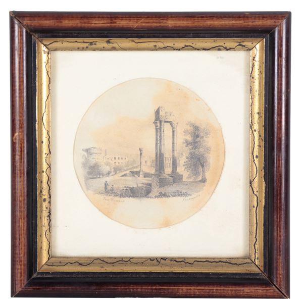 Piccola miniatura tonda "Il Foro Romano", disegno a china e matita su carta. Inizio XIX Secolo