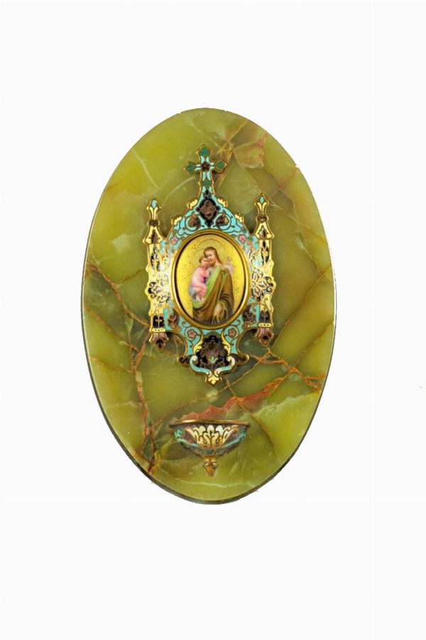 Holy water stoup in gilded metal and polychrome enamels