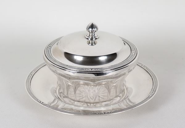 Formaggiera con sottopiatto in argento cesellato e vaschetta in cristallo lavorato, gr. 265