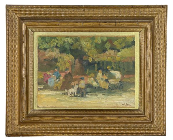 Pittore Europeo Inizio XX Secolo - Firmato. "Giardino con alberi e personaggi", piccolo dipinto bozzettato ad olio su cartone pressato