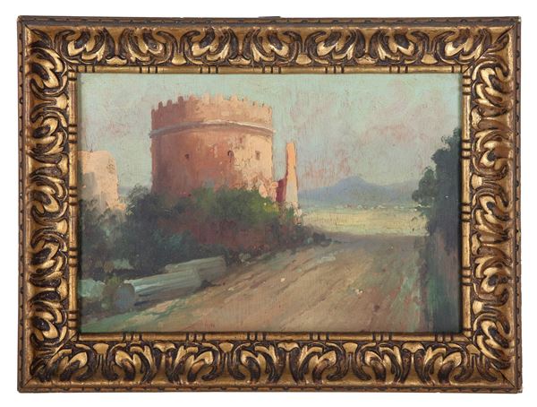 Scuola Italiana Inizio XX Secolo - Signed and dated 1913. "View of the Appia Antica with the Tomb of Cecilia Metella", small watercolor on paper applied to cardboard