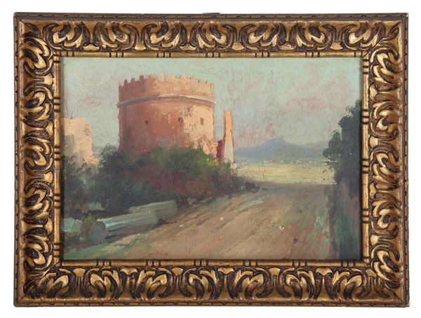 Scuola Italiana Inizio XX Secolo - "Veduta dell'Appia Antica con la Tomba di Cecilia Metella", piccolo acquarello su carta applicata a cartone