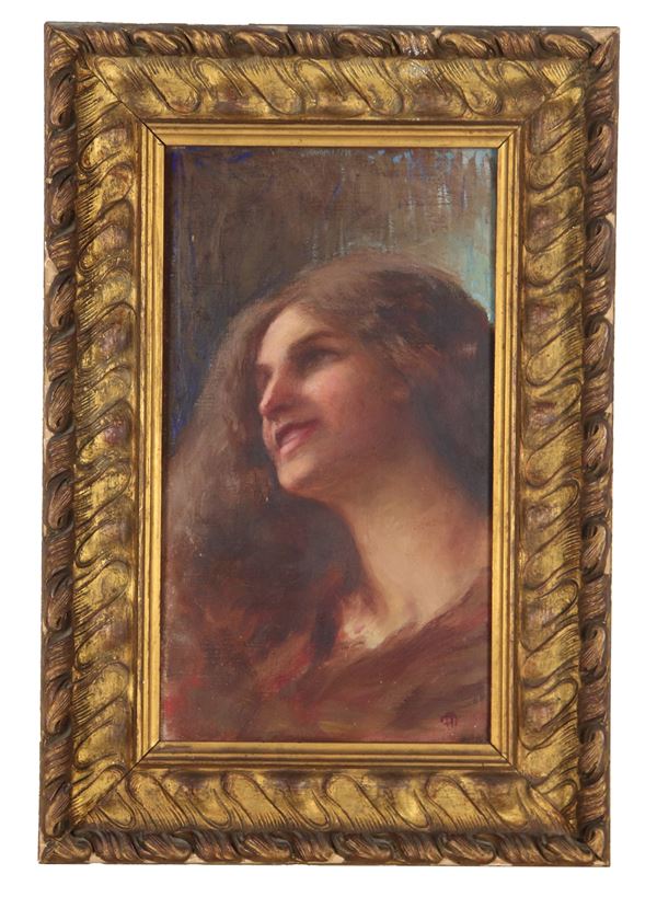 Pittore Italiano Fine XIX Secolo - Siglato. "Volto di ragazza sorridente", piccolo dipinto ad olio su tela 