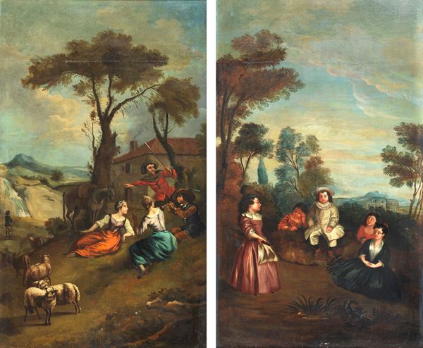 Scuola Piemontese Fine XVIII Secolo - "Paesaggi con scene pastorali e bucoliche", coppia di dipinti verticali ad olio su tela