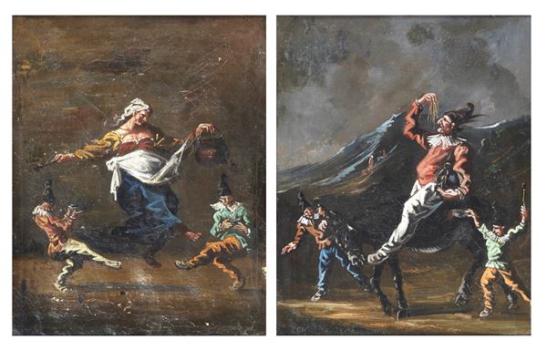 Scuola Italiana Inizio XIX Secolo - 'Pulcinella e Lucrezia detta Zeza', coppia di dipinti ad olio su tela, copie di epoca posteriore da Alessandro Magnasco (1667 - 1749) 