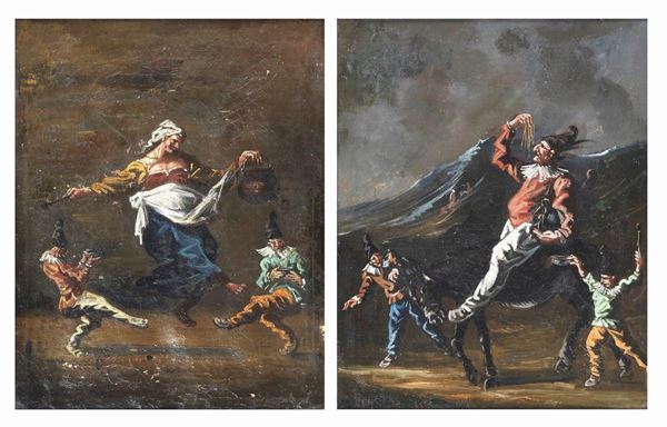 Scuola Italiana Inizio XIX Secolo - 'Pulcinella and Lucrezia known as Zeza', pair of oil paintings on canvas, later copy by Alessandro Magnasco (1667 - 1749) 