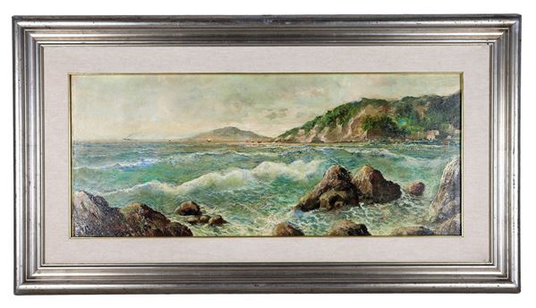 Pittore Italiano Inizio XX Secolo - Firmato. "Marina con veduta costiera, scogliera e mare agitato", dipinto ad olio su tela