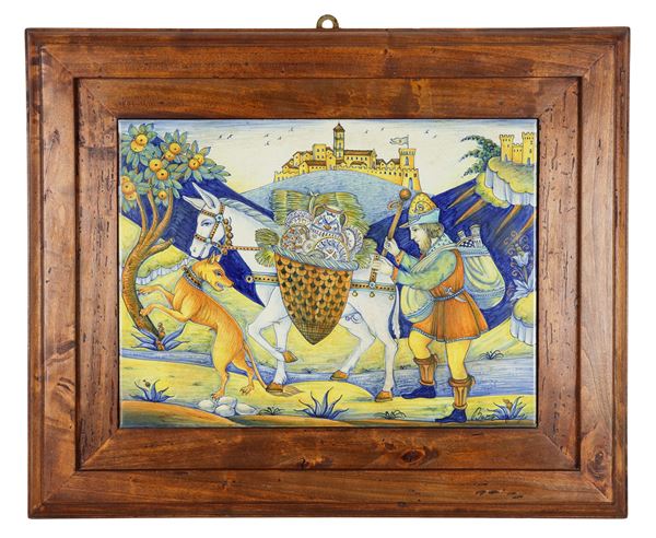 "Landscape with majolica seller", large polychromed Deruta majolica tile, signed Luigi Boccini (Deruta 1939-?), founder of the "Boccini Majoliche d'Arte" in the 1960s, walnut frame