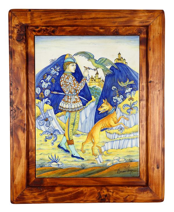 "Nobleman hunting with a falcon", large polychromed Deruta majolica tile, signed Luigi Boccini (Deruta 1939-?), founder of the "Boccini Majoliche d'Arte" in the 1960s, walnut frame