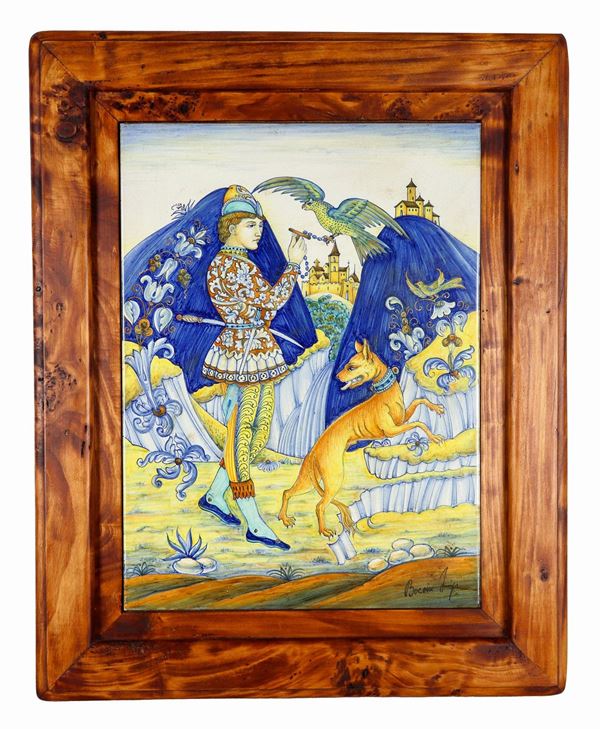 "Nobleman hunting with a falcon", large polychromed Deruta majolica tile, signed Luigi Boccini (Deruta 1939-?), founder of the "Boccini Majoliche d'Arte" in the 1960s, walnut frame