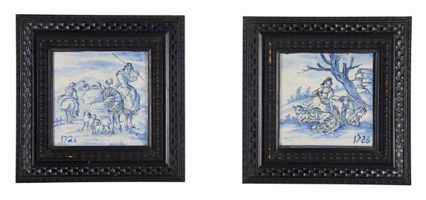 Pair of small Italian majolica tiles decorated with "Farmers" and "Shepherdess with flock" motifs
