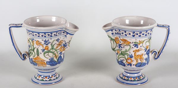 Pair of small jugs in glazed majolica from Albisola - B. Viglietti, with polychrome decorations with animal motifs and floral scrolls