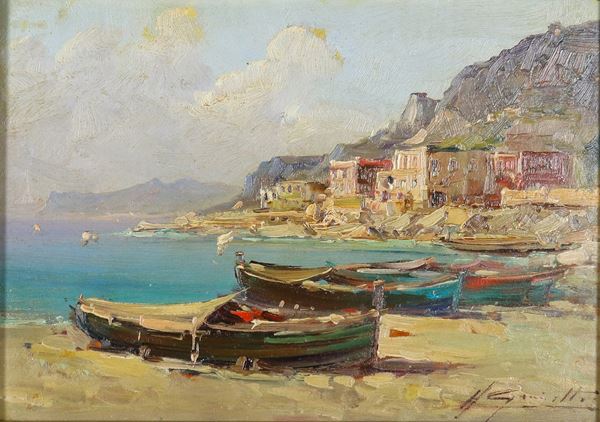 Pittore Italiano Inizio XX Secolo - Signed. "Fishermen's houses with marina and boats", small oil painting on plywood