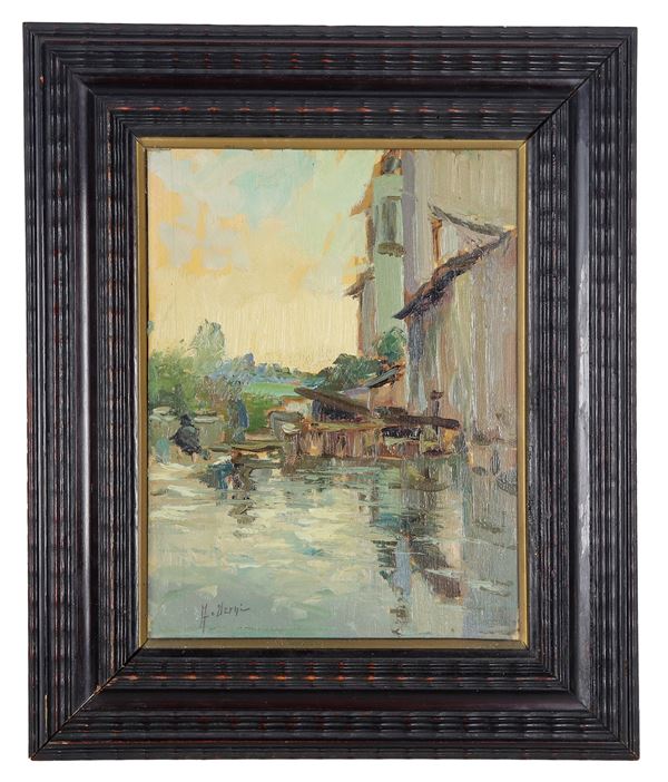 Arturo Verni - Firmato. "Casa sul fiume", piccolo dipinto ad olio su compensato