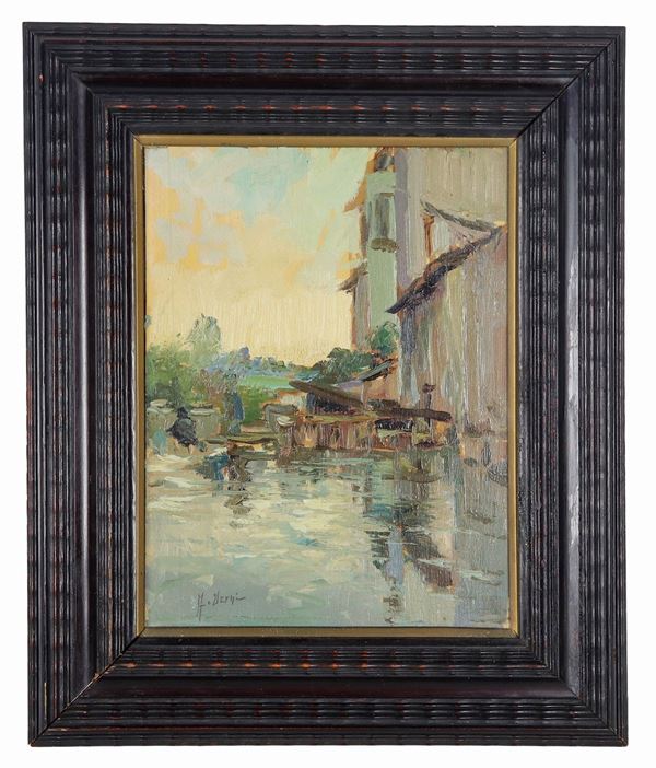 Arturo Verni - Firmato. "Casa sul fiume", piccolo dipinto ad olio su compensato