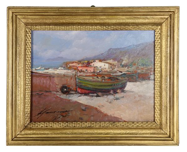 Pittore Italiano Inizio XX Secolo - Signed. "Fishing village with boats aground", small oil painting on plywood