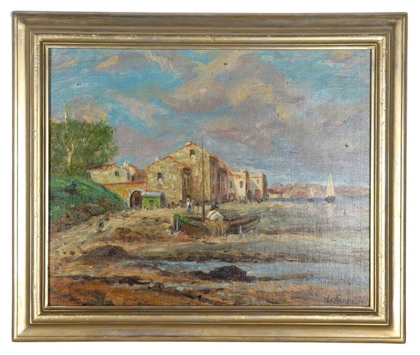 Pittore Italiano Inizio XX Secolo - "Paesaggio con paese sul lago e barche di pescatori", dipinto ad olio su tela