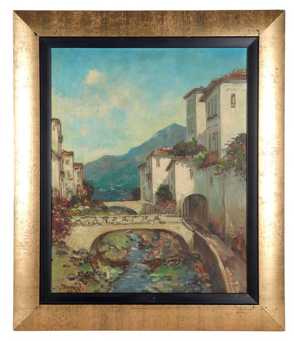 Pittore Austriaco Inizio XX Secolo - Firmato,  "Paesaggio con paese di montagna, ruscello e ponte", dipinto ad olio su tela