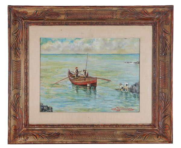 Pittore Italiano Inizio XX Secolo - Signed and dated 1939. "Marina with fishing boats and children on the rocks", small oil painting on canvas applied to cardboard