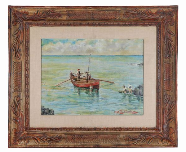 Pittore Italiano Inizio XX Secolo - Firmato e datato 1939. "Marina con barche di pescatori e bambini sugli scogli", piccolo dipinto ad olio su tela applicata a cartone