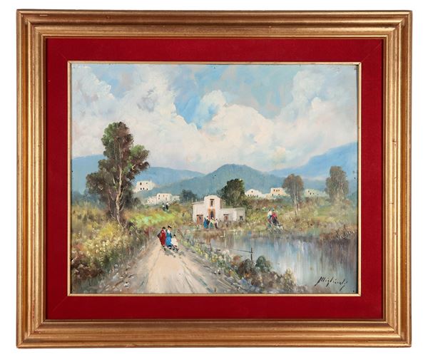 Antonio Migliardi - Signed. "Hill landscape with farmers and pond", oil painting on canvas